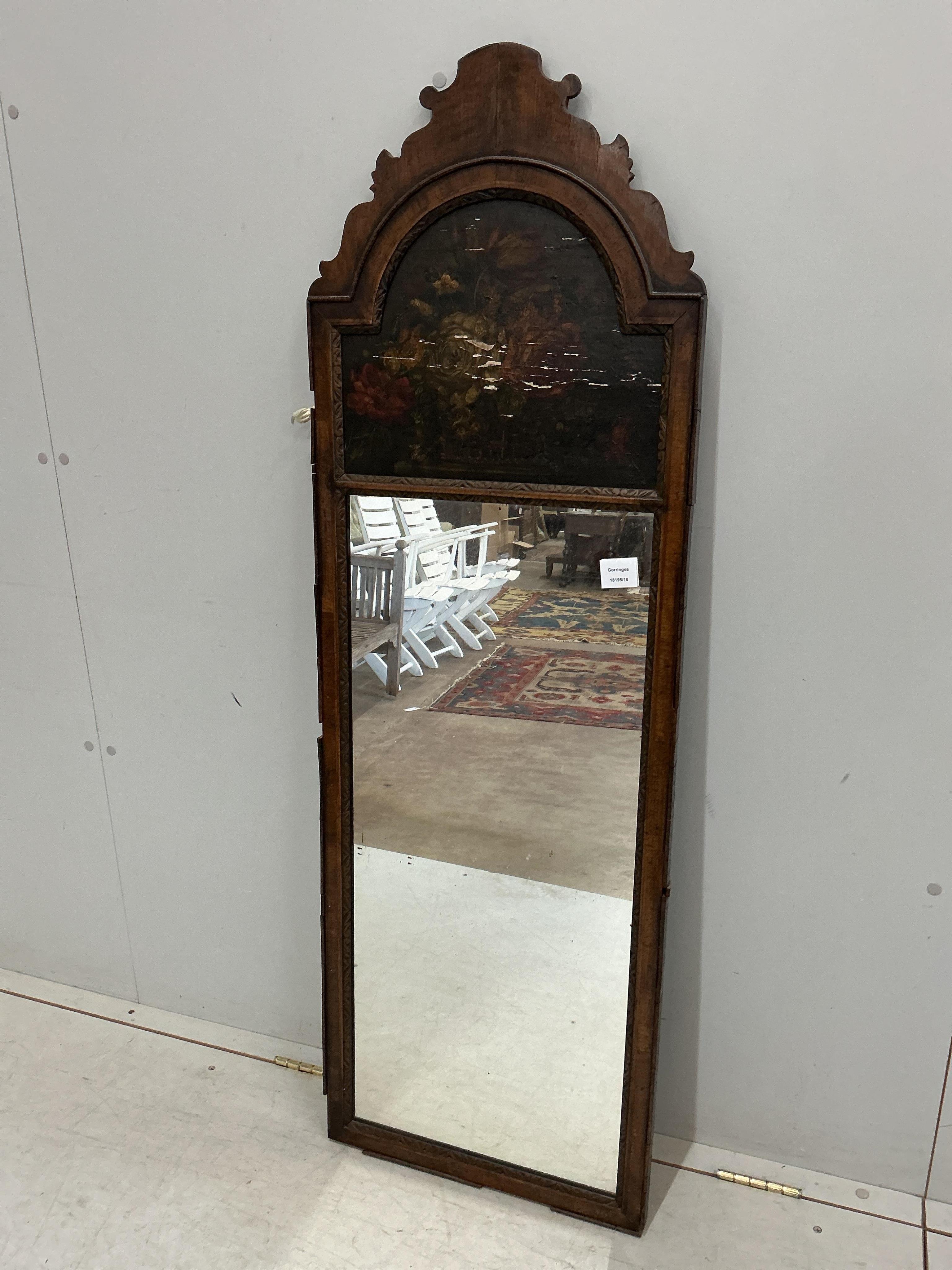 A Queen Anne style walnut trumeau mirror, width 45cm, height 138cm